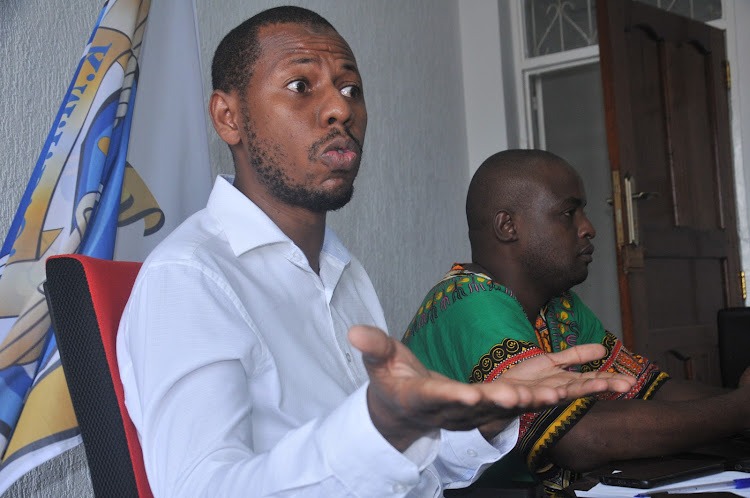 Kenya Medical Practitioners Pharmacists and Dentist Union Coast branch secretary general Dr Nassir Shaban address a press conference in Mombasa.